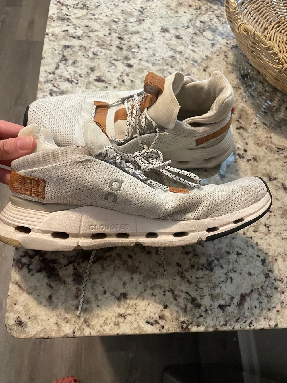 On Running womens 8 CloudTec Athletic Sneakers in White and Tan